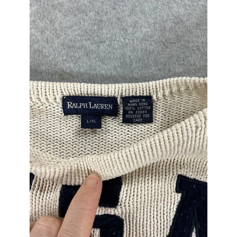 Vintage Ralph Lauren Kids USA Flag Cotton Knit Sweater Cream Navy L/XL 2565